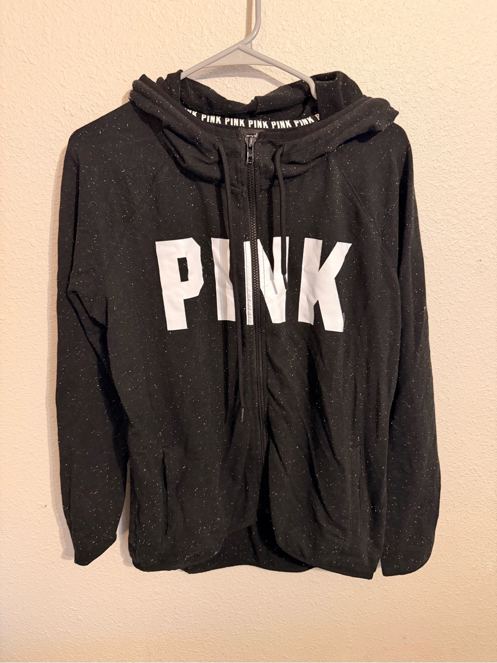 PINK Victoria's Secret Black Zip-Up Hoodie with White Logo